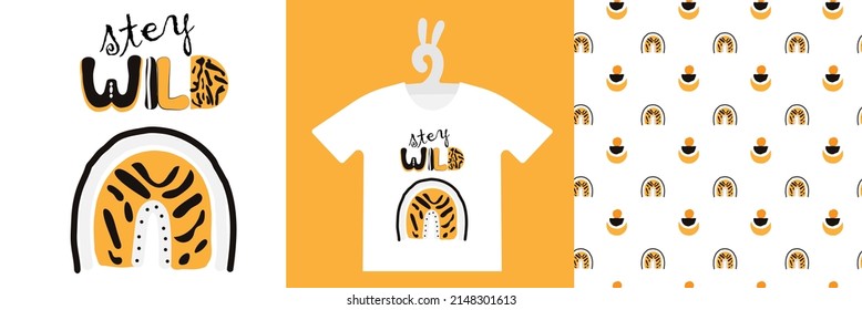 Baby Animal Prints and natural seamless pattern on T-shirts, textile, sweatshirts. Typography kids design Cute baby tiger. Isolated vector illustration