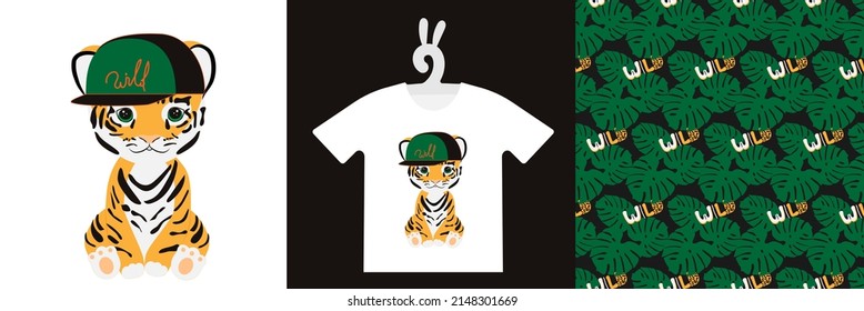 Baby Animal Prints and natural seamless pattern on T-shirts, textile, sweatshirts. Typography kids design Cute baby tiger. Isolated vector illustration