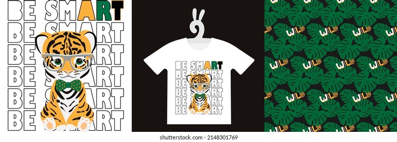 Baby Animal Prints and natural seamless pattern on T-shirts, textile, sweatshirts. Typography kids design Cute baby tiger. Isolated vector illustration