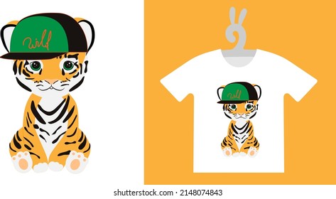 Baby Animal Prints on T-shirts, textile, sweatshirts. Typography design Cute  tiger cub. Isolated vector illustration