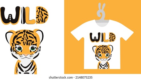 Baby Animal Prints on T-shirts, textile, sweatshirts. Typography design Cute  tiger cub. Isolated vector illustration