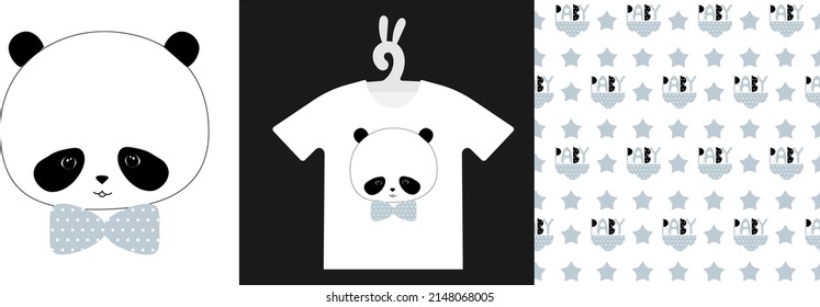 Baby Animal Prints and seamless pattern on T-shirts, sweatshirts, clothing, textile. Drawn cute baby panda. Isolated vector illustration