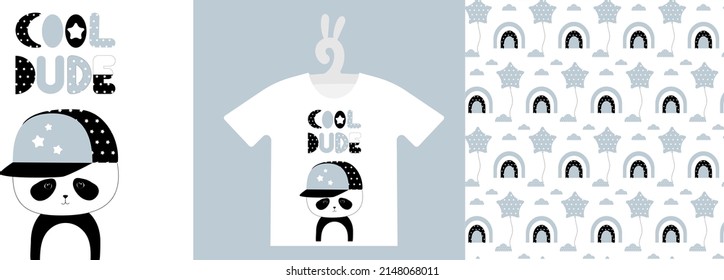 Baby Animal Prints and seamless pattern on T-shirts, sweatshirts, clothing, textile. Drawn cute baby panda. Isolated vector illustration