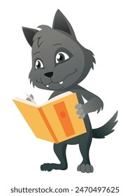 Baby animal reading book. Cute cartoon animal. Smart funny character studying literature. Hand drawn vector illustration