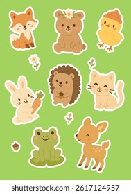 Baby animal set stickers. Design for print and decoration child clothe or books. Hand drawn baby characters and flowers. Vector illustration on green background. Hight quality baby animals