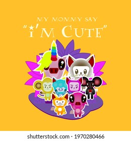 baby animal vector illustration with text i'm cute for sticker and background