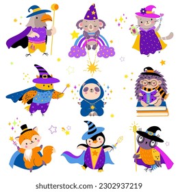 Baby animal wizards, cartoon wizard animals. Isolated magic childish characters. Halloween adorable creatures, fairy tale nowaday vector graphic