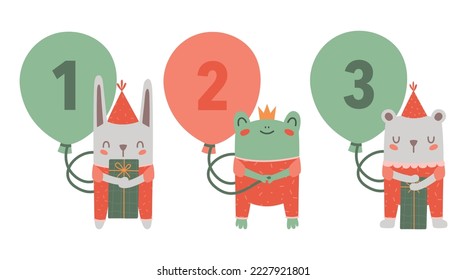 Baby animals with balloons and number of years. Cartoon cute rabbit, frog and bear in party cap with gifts. Kids vector illustrations. Children cliparts for birthday cards, baby shower, invitations.