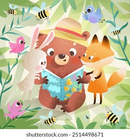 Baby animals bear fox and bunny and birds reading a book together in forest nature, cute study and education graphics for children. Vector cartoon clip art for kids education.