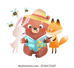 Baby animals bear fox and bunny reading a book together, cute study and education graphics for children. Animals characters study a book. Vector cartoon clip art for kids education.