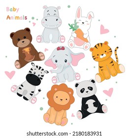 Baby animals cartoon set. Vector bear, hippo, lion, tiger, zebra, panda, elephant, rabbit, bear