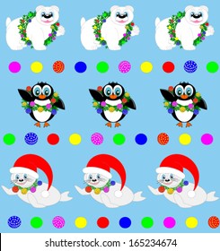 Baby animals in Christmas outfits, a polar bear, a penguin and a seal, on colorful background