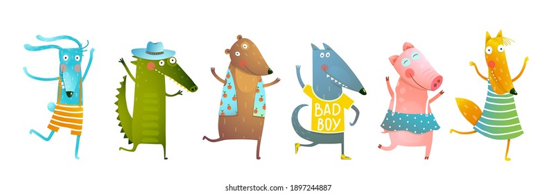 Baby animals dancing cartoon, funny friends wearing clothes having fun. Funny friends Bear fox rabbit pig wolf and crocodile. Vector graphics for kids events, books or greeting card design.