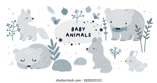 Baby animals and forest plants collection. Set with cute forest animals: bear, rabbit, wolf, arctic fox. Childish vector illustration isolated on white background