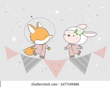 Baby animals fox and bunny space party. Birthday celebration with flags and stars. For posters, cards, prints, kids room decoration, nursery clothing print