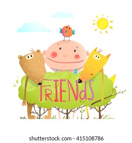 Baby animals and kid childish funny friends cartoon with sign . Child kid and fox, bear bird cute friendship brightly colored cartoon, vector illustration.
