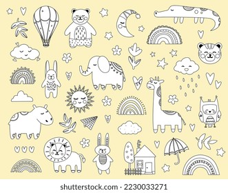 Baby animals line icons set. Collection of stickers for social networks. Hippo, rainbow, lion, tropic and exotic, African savannah. Cartoon flat vector illustrations isolated on yellow background