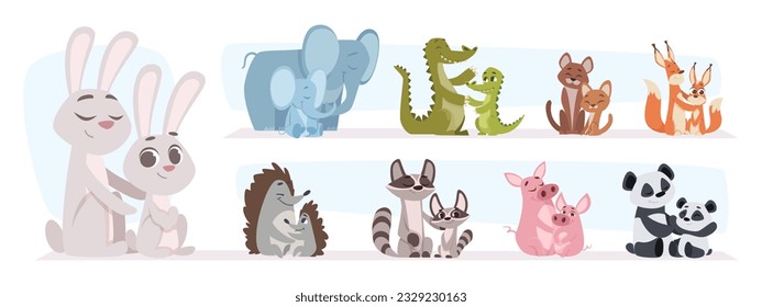 Animales bebés con mamá. Padres felices de animales salvajes parejas familiares divertidas de diferentes personajes ilustraciones vectoriales exactas en estilo de caricatura