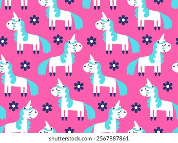 Baby animals pattern with cute unicorns. Charming unicorn horses for fabric prints for girls' outerwear. Sweet dreams wallpaper, texture, backdrop. Ornament for girly textile, outerwear, winter boots.