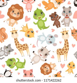 Baby animals pattern. Fabric printed seamless safari wild animals crocodile giraffe lion vector cartoon background. Illustration of lion and giraffe, crocodile and mouse