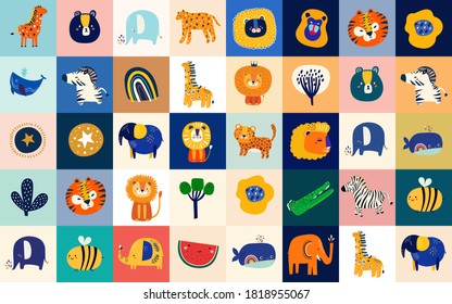 Baby animals pattern. Fabric pattern. Vector illustration with cute animals. Nursery baby pattern illustration. Memo game for kids