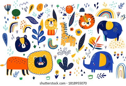 Baby animals pattern. Fabric pattern. Vector illustration with cute animals. Nursery baby pattern illustration