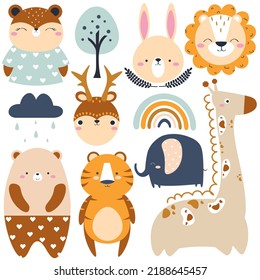Baby animals pattern. Vector illustration with animals. Set of bohemian baby elements. Kids illustration for nursery room decor, cards, baby t-shirts and wear Nursery baby pattern illustrat