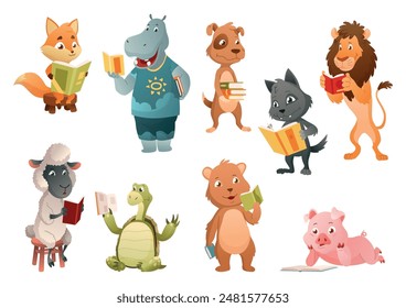 Baby animals reading book. Set of cute cartoon animals. Smart funny characters studying literature. Hand drawn vector illustration