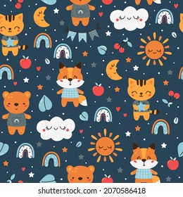 Baby animals seamless pattern with rainbow sun and cloud. Cat fox and bear baby style nursery background in vector. Trendy texture for fabric textile wallpaper apparel wrapping.