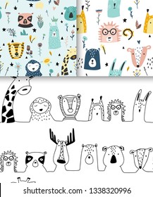 Baby animals seamless patterns collection. Set of kid print. Hand drawn doodle illustrations in scandinavian style. 