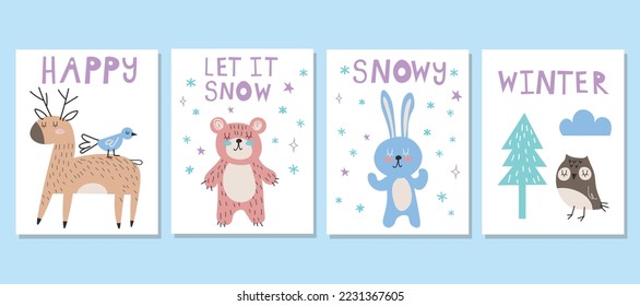 Baby animals set card, winter animals collection, cute animals cartoon vector, thickly clothed pet, adorable pet vector, minimalist cartoon design EPS