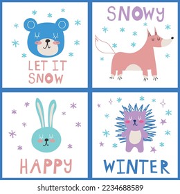 Baby animals set card, winter animals collection, cute animals cartoon vector, thickly clothed pet, adorable pet vector, minimalist cartoon design EPS