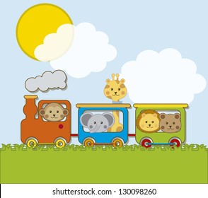 baby animals with train over white background. vector illustration