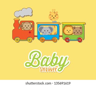 baby animals with train over yellow background baby shower