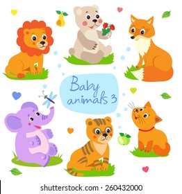 Baby Animals Vector: Lion, Bear, Fox, Elephant, Tiger, Cat. Set  Cartoon Character Vector Illustration. Cute. 
 Baby Animals For Kids.