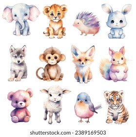 Baby animals watercolor cartoon set. Hand drawn vector set small animals bunny, fox, squirrel, tiger, lion, hedgehog.