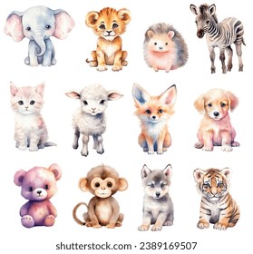 Baby animals watercolor set. Hand drawn vector set small animals zebra, fox, elephant, wolf, tiger, lion, hedgehog.