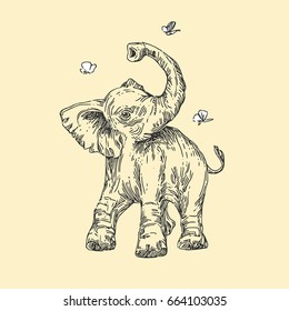 Baby animals. Wild. Elephant animals. Vintage style. Vector illustration.