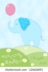 Baby announcement card with cute elephant and balloon in paper style