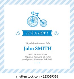 Baby announcement card editable vector with bicycle illustration for baby boy