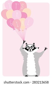 Baby announcement card. It's a girl. Raccoon holding up balloons with text on pink background. Vector and illustration design.