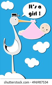 Baby announcement card illustration, mailman stork with baby standing on a cloud, funny, cute.Vector