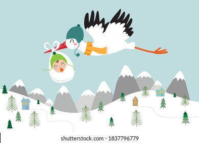 baby announcement card. baby shower. stork with baby. vector illustration. winter season. 


