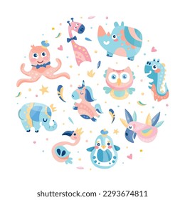 Baby anomals seamless pattern in circular shape. Childish background, banner, party poster in pastel colors vector illustration