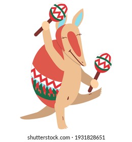 Baby armadillo character design. Cute and funny. Beige and red. Ornament on shell. Dancing with green, white and red maracas. Cartoon style. South America. Nature and ecology. Post cards or posters
