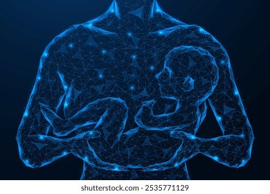 Baby in the arms of a woman. Polygonal design of interconnected lines and dots. Blue background.