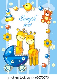 Baby arrival announcement card with giraffes and toys