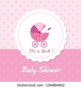 Baby arrival announcement card / Baby girl shower card / baby card (stroller design) - Vector