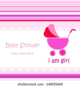 Baby arrival announcement card / Baby girl shower card / baby card (stroller design) 