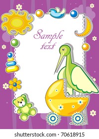 Baby arrival announcement card with stork and toys